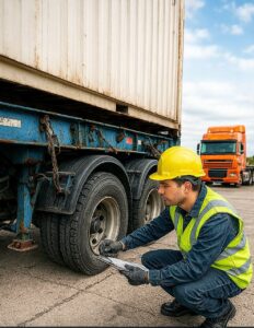 راننده تریلی در حال بررسی وضعیت کف تریلی و اتصالات تسمهها پیش از بارگیری بار سنگین