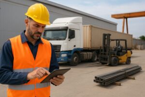 کارگر باربری صنعتی با کلاه ایمنی و تبلت در کنار کامیون و لیفتراک