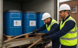 دو کارگر صنعتی با رعایت اصول ایمنی در حال بستن تسمههای مهار برای بشکههای حاوی مواد شیمیایی خطرناک هستند. استفاده از تجهیزات ایمنی مانند کلاه، دستکش و جلیقه شبنما در این مرحله از بارگیری، نقش مهمی در جلوگیری از حوادث احتمالی دارد.