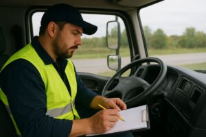 راننده کامیون با لباس ایمنی و جلیقه شبنما درون کابین کامیون نشسته و در حال یادداشت اطلاعات روی یک برگه گزارش است. این تصویر نشاندهنده اهمیت ثبت دقیق دادهها و نگهداری منظم ناوگان برای کاهش هزینه باربری صنعتی است.