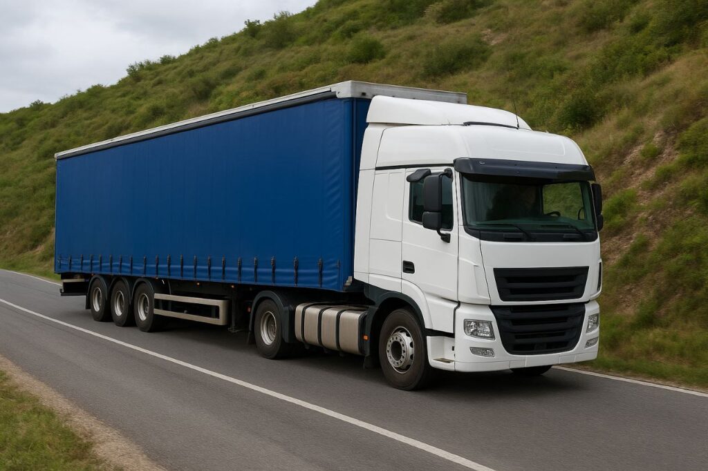 کامیون سفید باربری در حال حرکت در جادهای شیبدار، با رعایت فاصله ایمن از خودروی جلویی. این تصویر نشاندهنده تجربه و دقت رانندگان حرفهای در مسیرهای بینشهری و کوهستانی است.