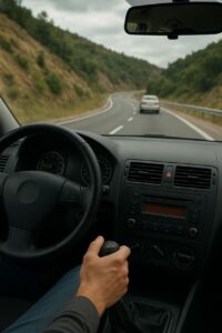 این تصویر از داخل یک خودرو و از زاویه دید راننده گرفته شده است. راننده با دست راست خود دندهٔ دستی را گرفته و در حال حرکت در جادهای آسفالته و صاف است که به آرامی در پیچ قرار دارد. جلوی خودرو، یک ماشین سفید رنگ در همان مسیر دیده میشود. در دو طرف جاده، حصار فلزی و تپههای کمارتفاع با پوشش گیاهی سبز وجود دارد. آسمان کمی ابری است و فضای تصویر حالت روز دارد. درون خودرو، فرمان، داشبورد، ضبط صوت و کنترل تهویه قابل مشاهدهاند.