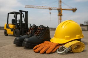 تجهیزات ایمنی شامل کلاه ایمنی زرد، کفش ایمنی، دستکش صنعتی و تسمه حمل بار روی سطح کارگاهی قرار دارند. این وسایل بخش مهمی از چکلیست ایمنی بارگیری برای حفاظت از کارکنان در محیطهای صنعتی محسوب میشوند.