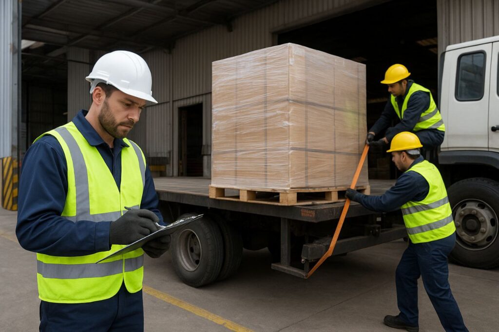 کارگران باربری صنعتی در حال بستن محموله روی کامیون با استفاده از تسمه ایمنی هستند. مسئول ایمنی با چکلیست بارگیری در دست در حال بررسی مراحل کار است. این تصویر نشاندهنده اجرای دقیق استانداردهای ایمنی در فرآیند بارگیری صنعتی است.