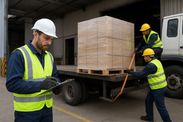 کارگران باربری صنعتی در حال بستن محموله روی کامیون با استفاده از تسمه ایمنی هستند. مسئول ایمنی با چک‌لیست بارگیری در دست در حال بررسی مراحل کار است. این تصویر نشان‌دهنده اجرای دقیق استانداردهای ایمنی در فرآیند بارگیری صنعتی است.