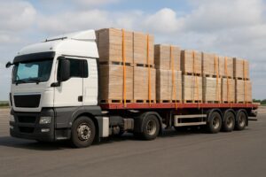 کامیون تریلر صنعتی در حال حمل بارهای بستهبندیشده و تثبیتشده با تسمههای مقاوم است. این تصویر نشاندهنده رعایت ایمنی در حملونقل صنعتی و اهمیت چکلیست ایمنی بارگیری برای جلوگیری از خسارت در مسیر است.