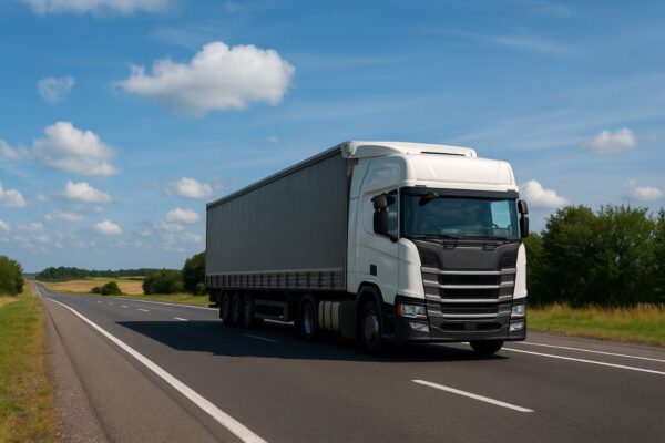 کامیون بزرگ سفید در حال حرکت در جاده‌ای بین‌شهری است. این تصویر نماد حمل‌ونقل صنعتی و نقش مهم ناوگان جاده‌ای در توزیع کالاها در سراسر کشور است. استفاده از ناوگان به‌روز و با مصرف سوخت پایین می‌تواند به کاهش هزینه‌های حمل‌ونقل کمک کند.