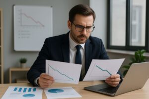 مدیر مالی یا لجستیکی در محیط اداری در حال بررسی نمودارهای کاهش هزینه و تحلیل دادههای عملکرد شرکت است، که بیانگر نیاز به مدیریت هوشمند هزینهها در حملونقل صنعتی میباشد.