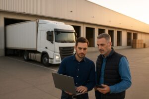 دو مدیر در محوطه باربری در کنار کامیونهای صنعتی، در حال بررسی اطلاعات ناوگان با استفاده از لپتاپ هستند. این تصویر نماد مدیریت هوشمند ناوگان و استفاده از فناوری برای کاهش هزینهها است.