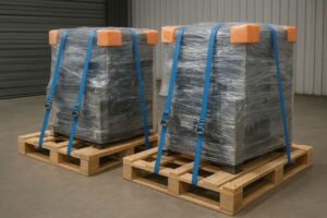 در این تصویر دو دستگاه صنعتی حساس مشاهده میشود که هر کدام روی پالت چوبی قرار گرفته و با لایههای متعدد سلفون صنعتی و ضربهگیرهای محافظ نارنجی بستهبندی شدهاند. تسمههای مهاربندی آبی رنگ بهطور استاندارد دور هر دستگاه کشیده شده تا از هرگونه لرزش یا جابهجایی در زمان حمل جلوگیری شود. این نوع بستهبندی اصولی، برای انتقال تجهیزات سنگین و حساس در کارخانهها، بهویژه در صنایع فولاد، نفت، داروسازی و تجهیزات دقیق، ضروری است و نقش مهمی در کاهش ریسک آسیب و هزینههای ناشی از توقف تولید دارد.