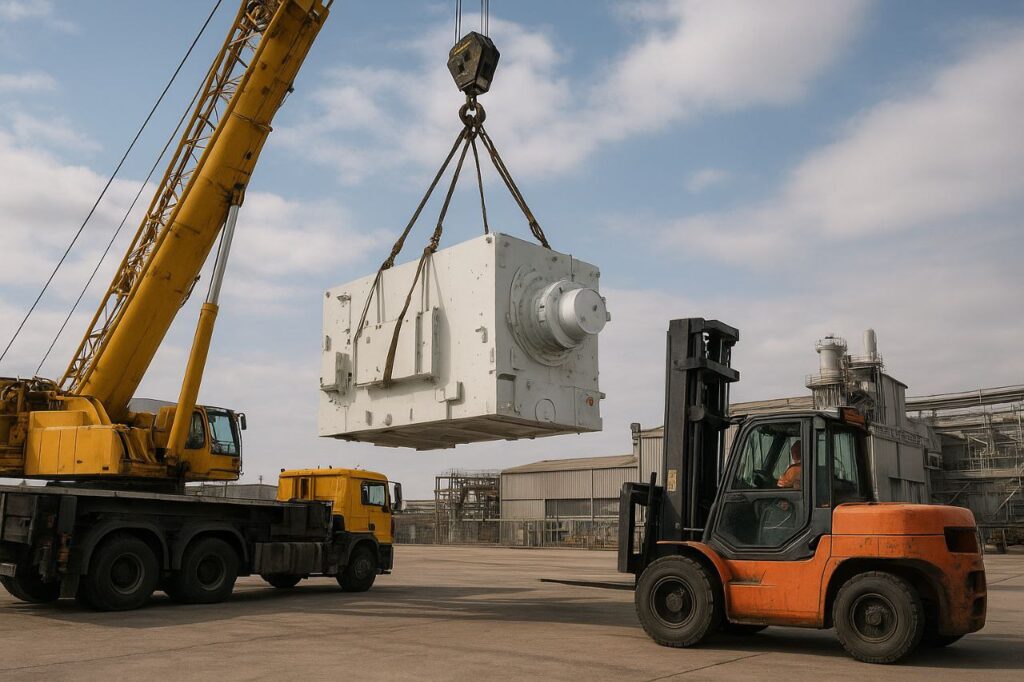 در این تصویر عملیات حمل یک تجهیز صنعتی بزرگ و بسیار حساس توسط جرثقیل هیدرولیکی در محوطه کارخانه نمایش داده میشود. تجهیز توسط اسلینگهای استاندارد و با رعایت مرکز ثقل از زمین جدا شده و لیفتراک در کنار جرثقیل آماده هماهنگی جهت جایگذاری ایمن دستگاه است. این نوع عملیات نشاندهنده اهمیت هماهنگی تیم فنی، استفاده از ماشینآلات تخصصی و رعایت استانداردهای حمل بارهای حساس در پروژههای صنعتی است. اجرای صحیح این مراحل نقش کلیدی در جلوگیری از آسیب تجهیزات، کاهش ریسک مالی و جلوگیری از توقف خط تولید دارد.