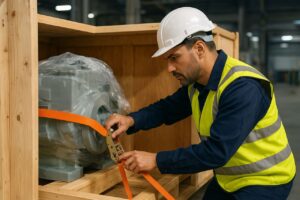 در این تصویر یک تکنسین ماهر با لباس کار و جلیقه ایمنی در حال مهاربندی یک تجهیز حساس داخل یک جعبه چوبی صنعتی است. او تسمه حمل نارنجی رنگ را با استفاده از رَچِت محکم میکند تا دستگاه در برابر لرزش، ضربه و جابهجایی در زمان حمل کاملاً ثابت بماند. این روش مهاربندی تخصصی، برای حمل تجهیزاتی مانند کمپرسور، الکتروموتورهای بزرگ، گیربکسهای سنگین و ماشینآلات دقیق صنعتی ضروری است و نقش مهمی در حفظ سلامت دستگاه و جلوگیری از خطرات مالی برای کارخانه دارد.