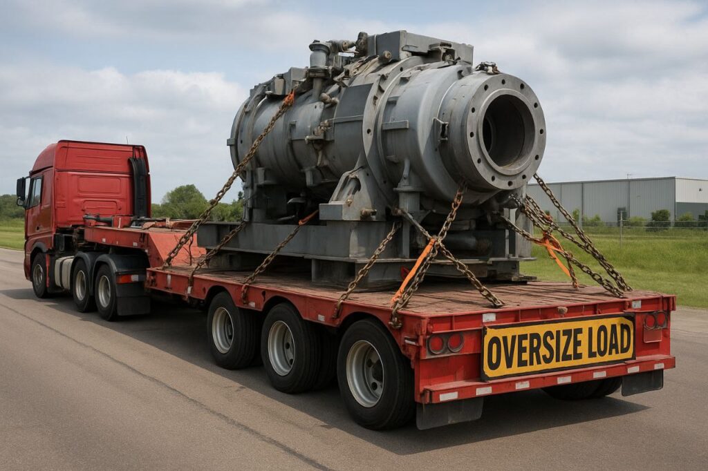 یک تریلر حمل بارهای فوقسنگین (Lowboy / Heavy Haul) دیده میشود که یک دستگاه صنعتی بسیار بزرگ توسط زنجیر و تسمه مهاربندی شده است. وجود تابلو «OVERSIZE LOAD» نشان میدهد که این محموله از اندازه استاندارد بزرگتر است و به صورت ویژه جابهجا میشود. این تصویر نمونهای از حملونقل سنگین، تریلرکشی تخصصی و جابهجایی تجهیزات صنعتی در مسیرهای بینشهری و پروژههای عمرانی است.