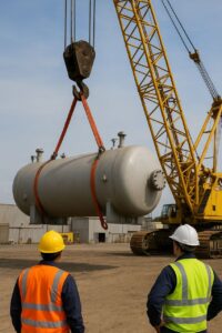 در این تصویر یک محوطه صنعتی دیده می‌شود که در آن یک جرثقیل بزرگ زردرنگ در حال بلند کردن یک مخزن فلزی است. مخزن با استفاده از تسمه‌های ایمنی نارنجی به قلاب جرثقیل متصل شده و به‌آرامی جابه‌جا می‌شود. در پیش‌زمینه، دو کارگر با جلیقه‌های ایمنی نارنجی و سبز و کلاه ایمنی زرد و سفید ایستاده‌اند و عملیات باربرداری را زیر نظر دارند. محیط اطراف شامل ساختمان‌ها و سوله‌های صنعتی است و این تصویر نشان‌دهنده فرآیند بارگیری یا نصب تجهیزات سنگین در یک کارخانه یا کارگاه صنعتی است.