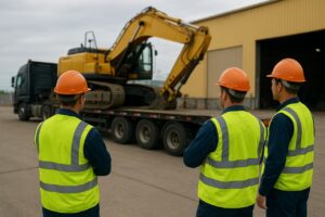 در این تصویر سه نفر از کارکنان صنعتی با جلیقه‌های ایمنی شب‌نما و کلاه ایمنی نارنجی، در حال نظارت بر بارگیری و حمل یک بیل مکانیکی سنگین هستند. این دستگاه روی یک تریلر حمل ماشین‌آلات قرار گرفته و آماده انتقال به محل پروژه است. تیم ایمنی و عملیات با بررسی وضعیت بار، از صحت مهاربندی و ایمن بودن فرآیند حمل اطمینان حاصل می‌کنند. این صحنه نشان‌دهنده رعایت استانداردهای ایمنی، مدیریت پروژه عمرانی و جابه‌جایی تجهیزات سنگین در محیط‌های صنعتی است.
