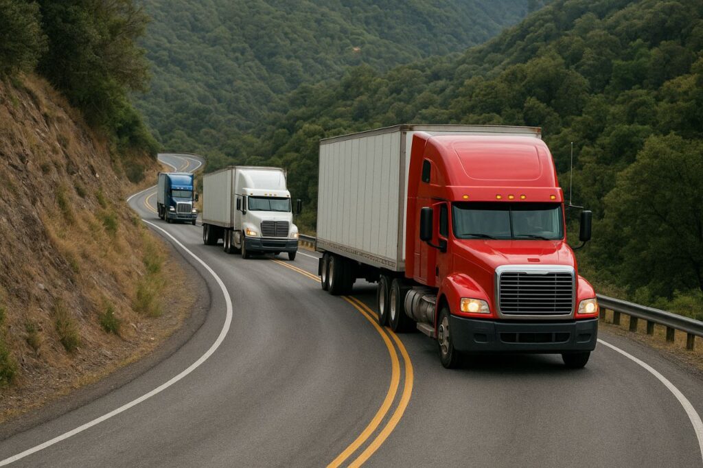 در تصویر چند کامیون حملونقل سنگین در یک جاده کوهستانی پرپیچوخم در حال حرکت هستند. کامیون اول یک تریلی بزرگ قرمز رنگ است که بار سنگین را در یک مسیر شیبدار و پیچیده منتقل میکند. پشت آن یک کامیون سفید و سپس یک کامیون آبی در حال حرکتاند. محیط اطراف کاملاً کوهستانی است و مسیر نیازمند خودروهای قدرتمند با سیستم ترمز قوی و موتور پرتوان است. این تصویر نشاندهنده اهمیت انتخاب کامیون مناسب برای مسیرهای سخت و بارهای سنگین در حملونقل صنعتی است.