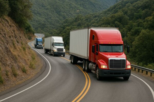 در تصویر چند کامیون حمل‌ونقل سنگین در یک جاده کوهستانی پرپیچ‌وخم در حال حرکت هستند. کامیون اول یک تریلی بزرگ قرمز رنگ است که بار سنگین را در یک مسیر شیب‌دار و پیچیده منتقل می‌کند. پشت آن یک کامیون سفید و سپس یک کامیون آبی در حال حرکت‌اند. محیط اطراف کاملاً کوهستانی است و مسیر نیازمند خودروهای قدرتمند با سیستم ترمز قوی و موتور پرتوان است. این تصویر نشان‌دهنده اهمیت انتخاب کامیون مناسب برای مسیرهای سخت و بارهای سنگین در حمل‌ونقل صنعتی است.