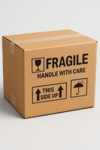در عکس یک کارتن بزرگ بسته‌بندی‌شده دیده می‌شود که روی آن علامت «Fragile – Handle With Care» و علامت "This Side Up" چاپ شده است. این نشانه‌ها نشان‌دهنده حساسیت بالای محتویات بسته و لزوم حمل با احتیاط هستند. کارتن نمایانگر بارهای شکستنی و حساس است که برای حمل آن‌ها باید از خودروهای سرپوشیده و مهاربندی دقیق استفاده شود. این تصویر برای بحث درباره حمل بارهای حساس، بسته‌بندی اصولی و انتخاب خودرو مناسب کاربرد دارد.