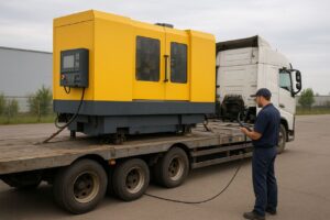 در این تصویر یک دستگاه صنعتی بزرگ و سنگین به رنگ زرد روی یک تریلی کفی قرار گرفته است. راننده یا تکنسین در کنار تریلی ایستاده و در حال بررسی وضعیت بار یا تنظیم مهاربندی به وسیله یک کنترلر است. کامیون سفید در پشت دستگاه قرار دارد و صحنه نشان‌دهنده حمل بار فوق‌سنگین و حساس برای کارخانه‌ها است. این تصویر اهمیت انتخاب تریلی مناسب، مهاربندی صحیح و استفاده از خودروهای تخصصی حمل‌ونقل صنعتی را نشان می‌دهد.