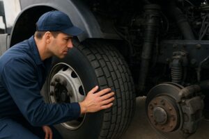 در این تصویر یک مکانیک یا راننده حرفه‌ای دیده می‌شود که با دقت در حال بررسی وضعیت لاستیک یک کامیون سنگین است. او لاستیک را لمس می‌کند تا میزان فرسودگی، فشار و سلامت آج‌ها را ارزیابی کند. این تصویر به‌خوبی یکی از مهم‌ترین هزینه‌های پنهان رانندگی یعنی نگهداری و استهلاک لاستیک‌ها و قطعات مصرفی را نمایش می‌دهد.