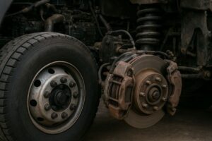 این عکس نمای نزدیکی از چرخ، دیسک ترمز، کالیپر و قطعات سیستم تعلیق یک کامیون سنگین را نشان می‌دهد. ترمزها و لاستیک‌ها از مهم‌ترین بخش‌هایی هستند که هزینه‌های پنهان رانندگی را تشکیل می‌دهند؛ زیرا خرابی یا فرسایش آن‌ها می‌تواند هزینه‌های سنگین تعمیر و توقف ناگهانی را به راننده تحمیل کند.