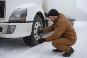 در تصویر، یک راننده صنعتی با لباس گرم و دستکش در شرایط زمستانی و برف در کنار یک کامیون سنگین متوقف‌شده دیده می‌شود. او در حال بررسی و تنظیم پیچ‌های چرخ جلو است تا از سلامت لاستیک و عملکرد صحیح کامیون در هوای سرد اطمینان پیدا کند. سطح زمین پوشیده از برف است و بارش سبک برف همچنان ادامه دارد، که نشان‌دهنده شرایط کاری سخت رانندگان در فصل سرد است. این تصویر به‌خوبی اهمیت نگهداری فصلی کامیون، مخصوصاً بررسی لاستیک‌ها، سیستم ترمز و آمادگی خودرو برای جاده‌های برفی را نشان می‌دهد و کاملاً با موضوع نگهداری کامیون در فصل زمستان هم‌خوانی دارد.