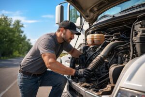 در این تصویر، یک راننده صنعتی در کنار جاده مشغول بررسی و تعمیر موتور کامیون خود است. او با دقت و تمرکز بالا، سیستم موتور را بازدید می‌کند تا از سلامت قطعات و آمادگی خودرو برای ادامه مسیر در شرایط آب‌وهوایی مختلف مطمئن شود. این تصویر به‌خوبی اهمیت نگهداری فصلی کامیون و نقش حیاتی آن در ایمنی رانندگان و کاهش هزینه‌های تعمیرات را نشان می‌دهد.