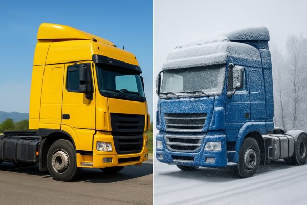 در تصویر، یک قاب دو بخشی دیده می‌شود. در سمت راست، کامیونی بزرگ روی جاده‌ای پوشیده از برف حرکت می‌کند. اطراف آن کاملاً سفیدپوش است، درخت‌ها برف نشسته‌اند و هوا سرد و مه‌آلود به نظر می‌رسد. لایه‌های یخ روی جاده مشخص است و نور سرد و آبی‌رنگ محیط، حس زمستان را تقویت می‌کند. در سمت چپ، کامیونی مشابه در شرایط کاملاً متفاوت نمایش داده شده است. جاده خشک و گرم است، آسمان آفتابی و روشن بوده و نور زرد و نارنجی تابستان بر سطح کامیون می‌تابد. محیط خشک، گرم و کمی غبارآلود است. در بالای تصویر یا کنار آن، عنوانی با مضمون «نکات طلایی نگهداری از کامیون در فصل سرد و گرم مخصوص رانندگان صنعتی» قرار دارد که نشان می‌دهد تصویر برای یک مطلب آموزشی فصلی طراحی شده است.