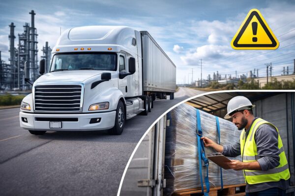 این تصویر ترکیبی، یک کامیون بزرگ حمل بار صنعتی را در حال حرکت در جاده نشان می‌دهد و در بخش جانبی، کارگری با جلیقه ایمنی و کلاه محافظ دیده می‌شود که در حال کنترل نحوه بسته‌بندی و مهار بار روی پالت است. وجود نماد هشدار نشان می‌دهد که کوچک‌ترین خطای بارگیری یا مهار نامناسب می‌تواند منجر به خسارت‌های پنهان در حمل‌ونقل صنعتی شود. این عکس بر اهمیت بازرسی دقیق پیش از ارسال بار و رعایت استانداردهای ایمنی در فرآیند بارگیری تأکید دارد.