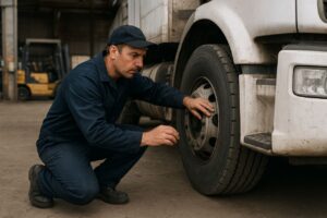 در این تصویر یک راننده یا تکنسین حمل‌ونقل دیده می‌شود که پیش از شروع مسیر، چرخ کامیون را به‌دقت بررسی می‌کند. او مهره‌های رینگ را چک کرده تا از ایمنی و سلامت تایر اطمینان حاصل کند. این مرحله یکی از مهم‌ترین بخش‌های بازدید قبل از حرکت است و از بروز مشکلاتی مانند شل شدن مهره‌ها، ترکیدن لاستیک یا حادثه در مسیرهای صنعتی جلوگیری می‌کند.