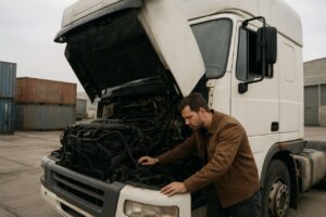 در این تصویر، راننده‌ای در کنار کامیون متوقف‌شده دیده می‌شود که با کاپوت باز، در حال بررسی موتور و تلاش برای تشخیص مشکل است. این صحنه نشان‌دهنده پیامدهای خطاهای رایج در حمل بار صنعتی، مانند اضافه‌بار، توزیع نامناسب وزن یا عدم انجام چکاپ‌های قبل از حرکت است. چنین خطاهایی ممکن است در لحظه قابل مشاهده نباشند اما در طول مسیر باعث خرابی‌های پنهان و هزینه‌زا می‌شوند. این عکس بر اهمیت نگهداری پیشگیرانه، بررسی دقیق خودرو و رعایت استانداردهای حمل‌ونقل صنعتی تأکید دارد.