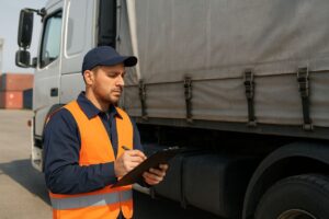 این تصویر راننده‌ای را نشان می‌دهد که پس از بارگیری، چک‌لیست روزانه کامیون و وضعیت بار را ثبت می‌کند. او با پوشیدن جلیقه ایمنی و قرار گرفتن در کنار کامیون، موارد فنی و ایمنی حمل بار را روی یک فرم کنترل یادداشت می‌کند. تکمیل دقیق چک‌لیست از بروز خطاهای رایج مانند نقص فنی، بارگیری نادرست، توقف ناگهانی یا خرابی در مسیر جلوگیری کرده و نقش مهمی در مدیریت هزینه‌های پنهان ناوگان دارد.