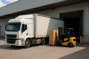 در این تصویر یک کامیون حمل‌ونقل در محوطه بارگیری کارخانه دیده می‌شود که در کنار آن یک اپراتور با لیفتراک مشغول جابه‌جایی و انتقال پالت‌های کارتن به سمت کامیون است. این صحنه نمونه‌ای واقعی از فرآیند بارگیری در محیط صنعتی است؛ جایی که هماهنگی میان انبار، تجهیزات بارگیری و راننده نقش مهمی در کاهش زمان خواب کامیون و افزایش سرعت تخلیه و بارگیری دارد. چنین تصاویری اهمیت مدیریت صحیح لجستیک داخلی، آماده‌سازی پیش از ورود کامیون و برنامه‌ریزی دقیق منابع را به‌خوبی نشان می‌دهند.