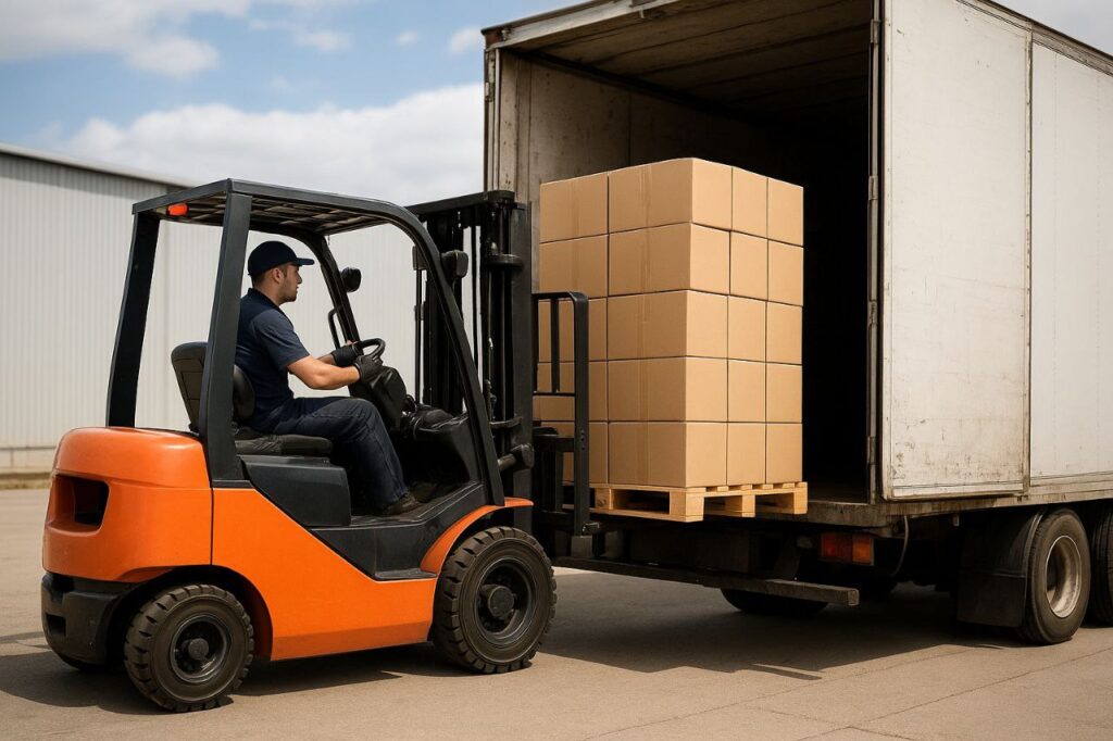 در این تصویر یک کارگر یا اپراتور در حال هدایت یک لیفتراک نارنجی‌رنگ است. او در محوطه یک کارخانه یا انبار صنعتی قرار دارد و در حال بلند کردن یک پالت بزرگ شامل تعداد زیادی جعبه مقوایی است. در برابر او یک کامیون بزرگ با درِ عقب باز قرار دارد و اپراتور در حال وارد کردن بارها به داخل کامیون است. محیط صنعتی، انبار سوله‌مانند و آسمان نیمه‌ابری در پس‌زمینه دیده می‌شود. صحنه نشان‌دهنده عملیات بارگیری و لجستیک در محیط صنعتی است.