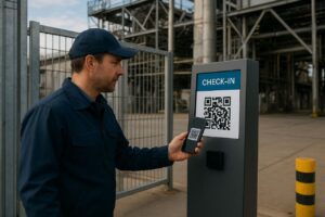 در این تصویر یک فرد با لباس کار و کلاه لبه‌دار در کنار ورودی یک محوطه صنعتی ایستاده است. او گوشی هوشمند خود را روبه‌روی دستگاهی ایستاده‌محور گرفته که صفحه آن دارای نوشته "CHECK-IN" و یک کد QR بزرگ است. فرد در حال اسکن یا ثبت ورود از طریق QR است. پشت سر او بخش‌هایی از سازه‌های فلزی کارخانه و حصار ورودی دیده می‌شود. تصویر بیانگر دیجیتالی شدن فرایندهای ورود و خروج در کارخانه است.
