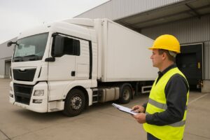 در این عکس یک کارشناس یا مسئول لجستیک کارخانه در کنار یک کامیون ترانزیت سفیدرنگ ایستاده و با در دست داشتن یک چک‌لیست، فرآیند ورود، آماده‌سازی یا تحویل کامیون را کنترل می‌کند. محیط صنعتی و درب بارگیری پشت سر او نشان می‌دهد که کار در یک مرکز توزیع یا کارخانه انجام می‌شود. این تصویر به‌وضوح مفهوم هماهنگی، نظارت دقیق، استانداردسازی و مدیریت حرفه‌ای ناوگان حمل‌ونقل را نشان می‌دهد؛ چیزی که شرکت‌های حمل‌ونقل تخصصی در سطحی حرفه‌ای ارائه می‌کنند.