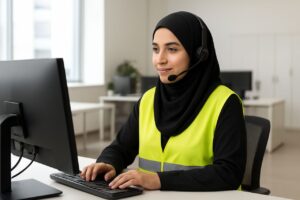 در این تصویر یک کارمند بخش پشتیبانی یا خدمات مشتری در محیط یک دفتر مدرن و روشن دیده می‌شود. او با پوشش حجاب کامل و جلیقه ایمنی زرد – که نشان‌دهنده فعالیت در مجموعه‌های صنعتی یا لجستیکی است – پشت میز کار نشسته و در حال پاسخ‌دهی به مشتریان از طریق هدست حرفه‌ای است. تمرکز او روی مانیتور و حالت چهره آرام و مطمئن، مفهوم پشتیبانی دقیق، پاسخ‌گویی سریع، و نظم در خدمات مشتری را منتقل می‌کند. فضای کاری مینیمال و مرتب نیز حرفه‌ای بودن سازمان را نشان می‌دهد. این تصویر ترکیبی از تکنولوژی، پشتیبانی حرفه‌ای و هویت صنعتی شرکت را نمایش می‌دهد.