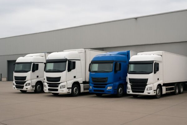 در این تصویر چند کامیون سنگین ترانزیتی در محوطه یک کارخانه یا مرکز صنعتی بزرگ کنار یکدیگر پارک شده‌اند. سه کامیون سفید و یک کامیون آبی در کنار هم دیده می‌شوند و پشت سر آن‌ها یک ساختمان صنعتی با سازه فلزی و دیوارهای پنلی قرار دارد. محوطه تمیز، وسیع و استاندارد است و نمای کلی تصویر نشان‌دهنده ناوگان حمل‌ونقل منظم، آماده‌به‌کار و مناسب برای فعالیت‌های لجستیکی کارخانه‌ها است. این عکس به خوبی مفهوم قدرت ناوگان، ظرفیت حمل بالا، هماهنگی در عملیات بارگیری و آمادگی برای ارسال بارهای عمده را منتقل می‌کند.