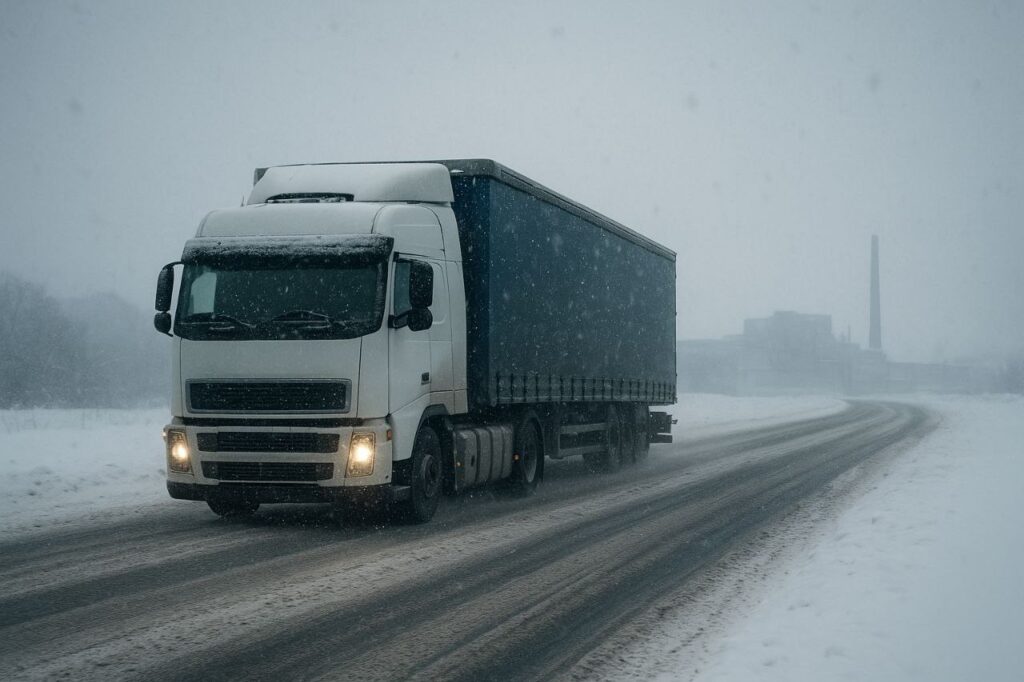 کامیون حمل‌ونقل صنعتی در حال حرکت در جاده‌ای برفی و لغزنده که اهمیت باربری ایمن در شرایط جوی سخت را برای کارخانه‌ها و مدیران لجستیک نشان می‌دهد.
