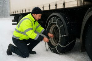 راننده کامیون با استفاده از زنجیر چرخ در حال ایمن‌سازی لاستیک‌ها برای حرکت در مسیرهای برفی و یخ‌زده، به‌منظور کاهش خطر لغزش و تصادف.