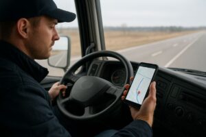 راننده کامیون در حال بررسی مسیر حمل‌ونقل از طریق GPS موبایل که نقش فناوری در مدیریت مسیر و زمان‌بندی باربری ایمن را نشان می‌دهد.