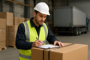 این تصویر نشان‌دهنده مرحله کنترل و بررسی محموله قبل از ارسال در باربری صنعتی است. تکنسین با تجهیزات ایمنی و چک‌لیست کنترلی، سلامت بسته‌بندی و آماده‌بودن بار برای حمل را بررسی می‌کند. این فرآیند یکی از تفاوت‌های کلیدی باربری صنعتی با باربری معمولی است؛ جایی که امنیت کالا، کاهش ریسک خسارت و تحویل دقیق، اولویت اصلی محسوب می‌شود.