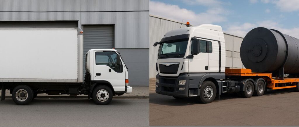 این تصویر به‌خوبی تفاوت باربری صنعتی و باربری معمولی را نشان می‌دهد. در سمت چپ، تریلی صنعتی مخصوص حمل بارهای سنگین و حجیم دیده می‌شود که برای جابجایی تجهیزات بزرگ و صنعتی طراحی شده است. در مقابل، کامیون معمولی در سمت راست قرار دارد که بیشتر برای حمل بارهای سبک و عمومی استفاده می‌شود. این مقایسه تصویری نشان می‌دهد چرا شرکت‌های صنعتی برای حفظ ایمنی، کاهش خسارت و تحویل به‌موقع، به ناوگان تخصصی نیاز دارند.