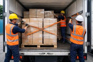 در این تصویر، کارگران یک شرکت صنعتی در حال بارگیری و مهار محصولات بسته‌بندی‌شده داخل اتاقک عقب کامیون هستند. محصولات در کارتن‌های مقاوم قرار گرفته و روی پالت چوبی چیده شده‌اند. کارگران با استفاده از تسمه و طناب‌های مخصوص باربری، کارتن‌ها را به‌صورت اصولی و ایمن محکم می‌کنند تا در طول حمل‌ونقل از هرگونه جابه‌جایی یا آسیب جلوگیری شود. این روش بسته‌بندی و مهار بار، مخصوص باربری صنعتی و حمل کالاهای حساس و شرکتی است.