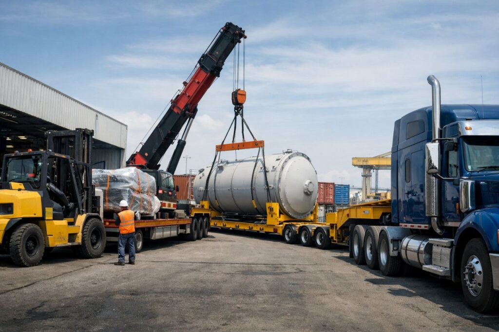 در این تصویر، عملیات بارگیری یک محموله صنعتی سنگین با استفاده از جرثقیل و تجهیزات تخصصی باربری صنعتی نمایش داده شده است. مخزن فلزی بزرگ با دقت بالا توسط جرثقیل روی تریلی کفی قرار می‌گیرد و کارگران با لباس ایمنی، فرآیند حمل بار سنگین را کنترل می‌کنند. این صحنه نشان‌دهنده خدمات حرفه‌ای باربری صنعتی، حمل ماشین‌آلات و تجهیزات کارخانه‌ای با رعایت اصول ایمنی و استانداردهای حمل‌ونقل سنگین است.
