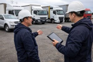 در این تصویر، کارشناسان باربری صنعتی در محوطه شرکت حمل‌ونقل در حال بررسی و انتخاب نوع کامیون مناسب برای حمل بار هستند. آن‌ها با استفاده از تبلت و بررسی مشخصات فنی خودروها، ظرفیت، نوع اتاق بار و شرایط حمل را ارزیابی می‌کنند تا بهترین ماشین متناسب با نوع بار صنعتی انتخاب شود. این مرحله نقش مهمی در ایمنی بار، کاهش هزینه‌ها و حمل اصولی دارد.