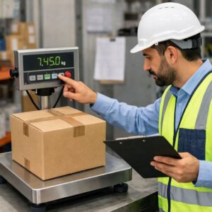 در این تصویر یک کارتن بسته‌بندی‌شده روی ترازوی دیجیتال صنعتی قرار گرفته و یک مهندس کارخانه با لباس ایمنی و کلاه ایمنی در حال بررسی و ثبت وزن بار است. مهندس با دقت به نمایشگر ترازو نگاه می‌کند تا از تطابق وزن بار با استانداردهای حمل‌ونقل و ثبت اطلاعات اطمینان حاصل کند. این صحنه نشان‌دهنده کنترل کیفیت و نظارت دقیق بر فرآیند بسته‌بندی و ارسال کالا در محیط صنعتی است.