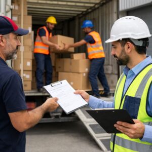 در این تصویر راننده باربری یک برگه یا مدارک حمل بار را به مهندس کارخانه تحویل می‌دهد. هم‌زمان چند کارگر با لباس ایمنی در حال تخلیه کارتن‌ها از داخل کامیون هستند. این صحنه بیانگر هماهنگی بین بخش حمل‌ونقل و کارخانه، تحویل اسناد، و آغاز فرآیند تخلیه و ورود کالا به انبار یا خط تولید است.