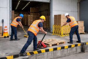 در این تصویر، چند کارگر کارخانه با پوشش ایمنی در حال آماده‌سازی محل تخلیه بار هستند. یکی از کارگران با جک پالت، پالت خالی را در موقعیت مناسب قرار می‌دهد، کارگر دیگر کف محل را تمیز می‌کند و نفر سوم موانع ایمنی را در اطراف سکوی تخلیه تنظیم می‌کند. این اقدامات برای افزایش ایمنی، نظم محیط و تسهیل فرآیند تخلیه بار قبل از ورود کامیون انجام می‌شود.