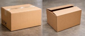 در این تصویر دو وضعیت متفاوت از یک کارتن مقوایی نمایش داده شده است.در سمت چپ، کارتن بهطور کامل بسته و با نوارچسب محکم پلمب شده که نشاندهنده بستهبندی نهایی و آمادهسازی صحیح برای حملونقل است.
در سمت راست، کارتن در حالی دیده میشود که درِ آن بسته شده اما چسبکاری نشده و لبههای در آزاد هستند. این مقایسه بهوضوح تفاوت بین بستهبندی ایمن و بستهبندی ناقص را نشان میدهد و اهمیت چسبکاری در جلوگیری از باز شدن کارتن و آسیب به بار را مشخص میکند.